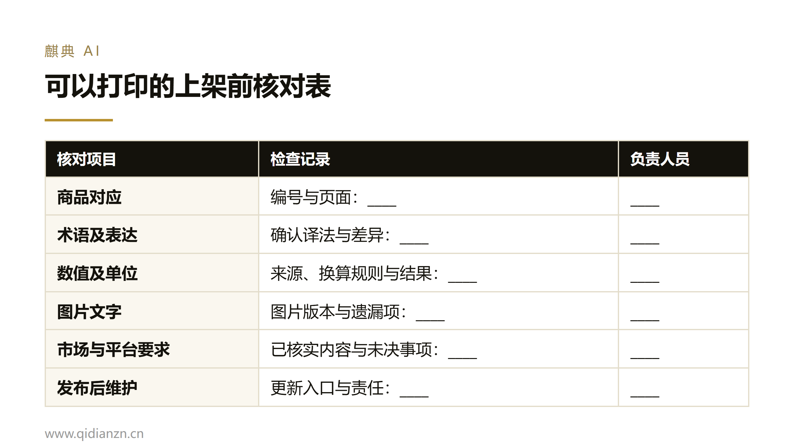 可以打印的上架前核对表