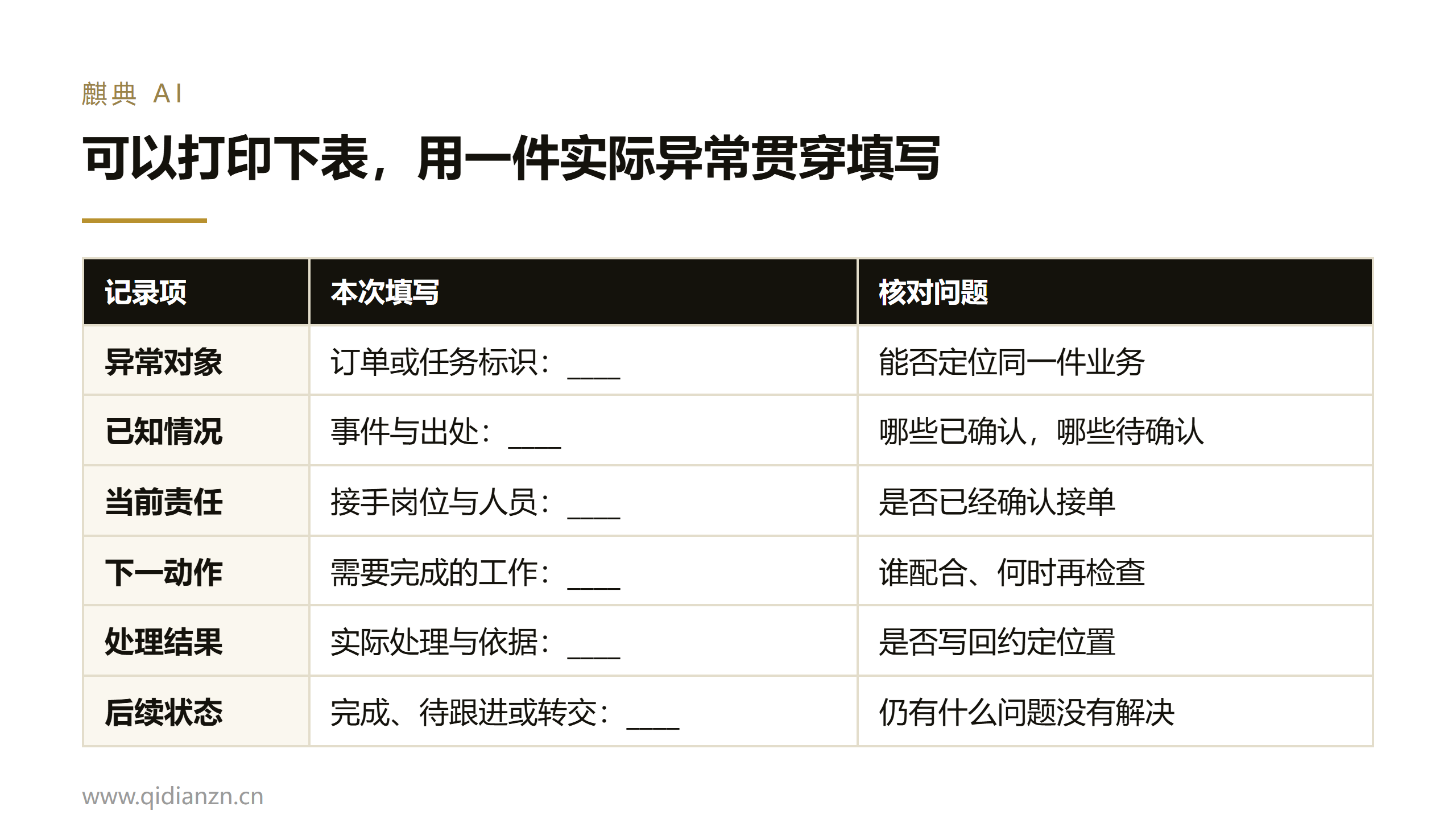 可以打印下表,用一件实际异常贯穿填写